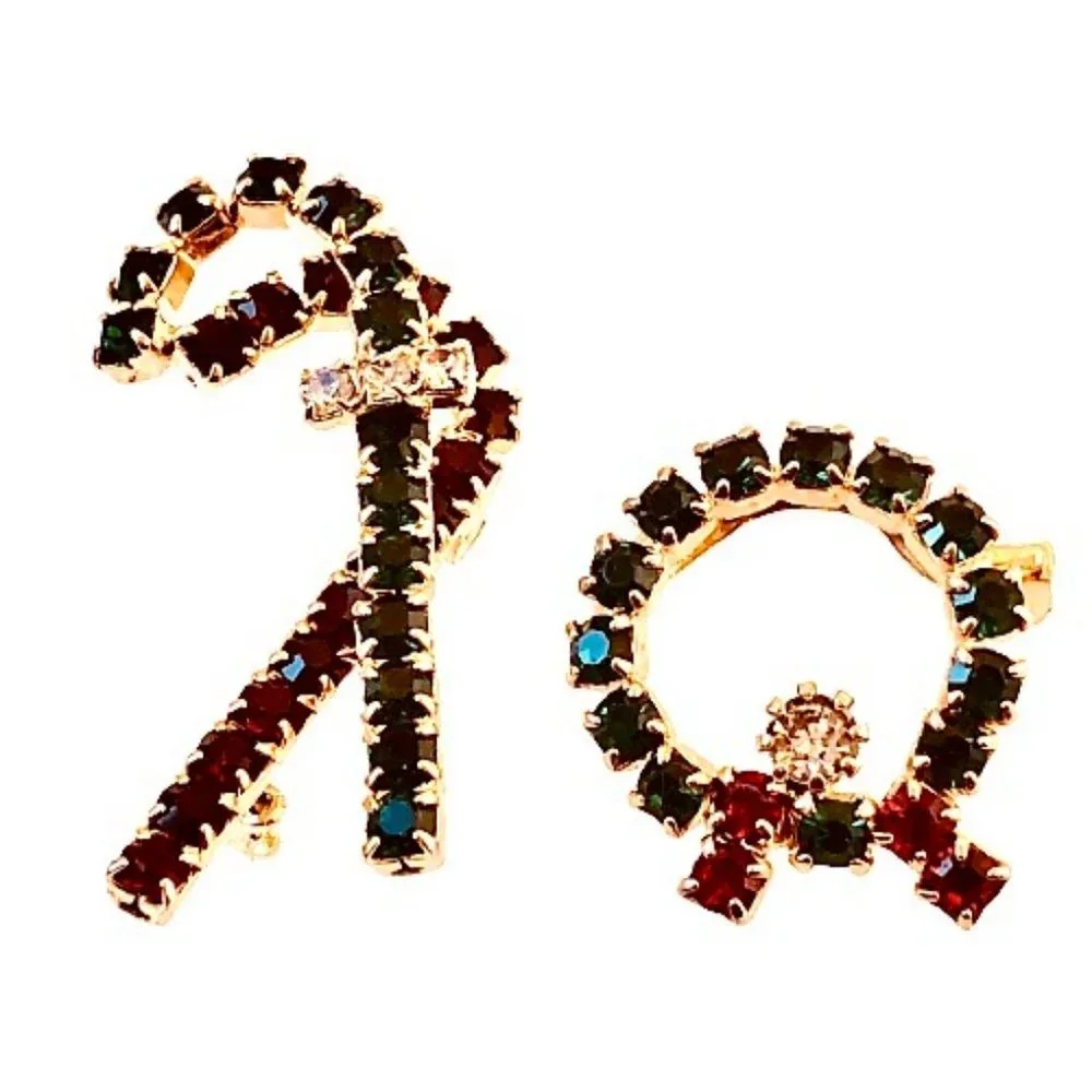 Vintage Christmas Brooch CANDY CANE + WREATH Rhinestones 2 Pins